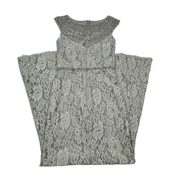 Cameron Blake Beige Neutral Full Length Lace Gown With Beaded Detail Women's 4 - Picture 6 of 13